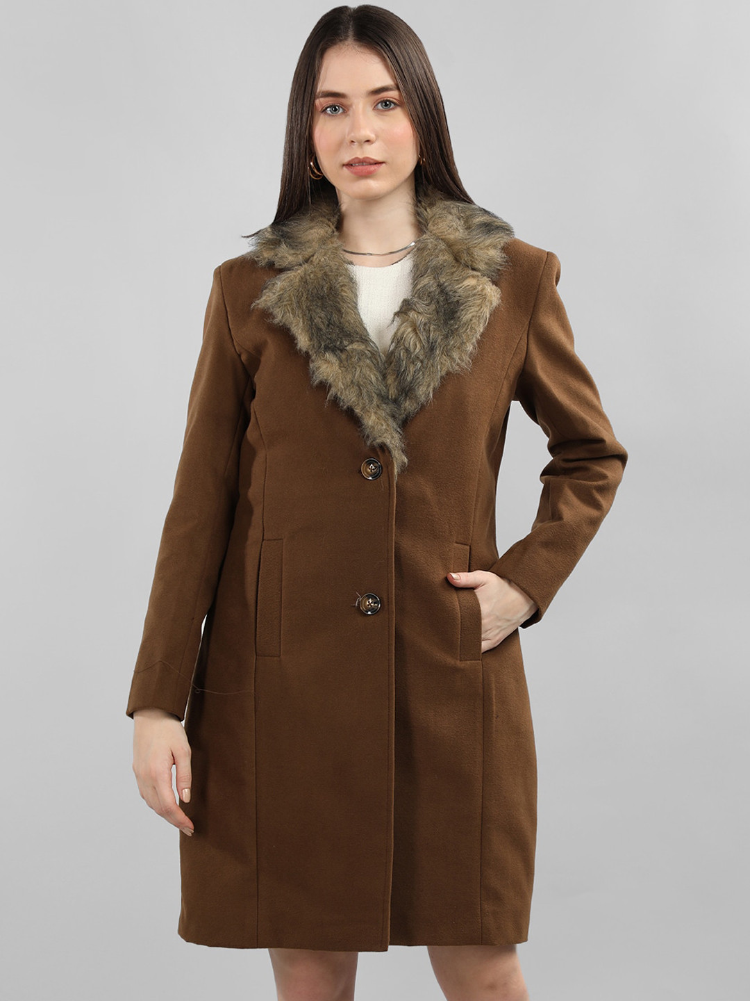 Plagg Longline Notched Lapel Faux Fur Trim Parka Coats