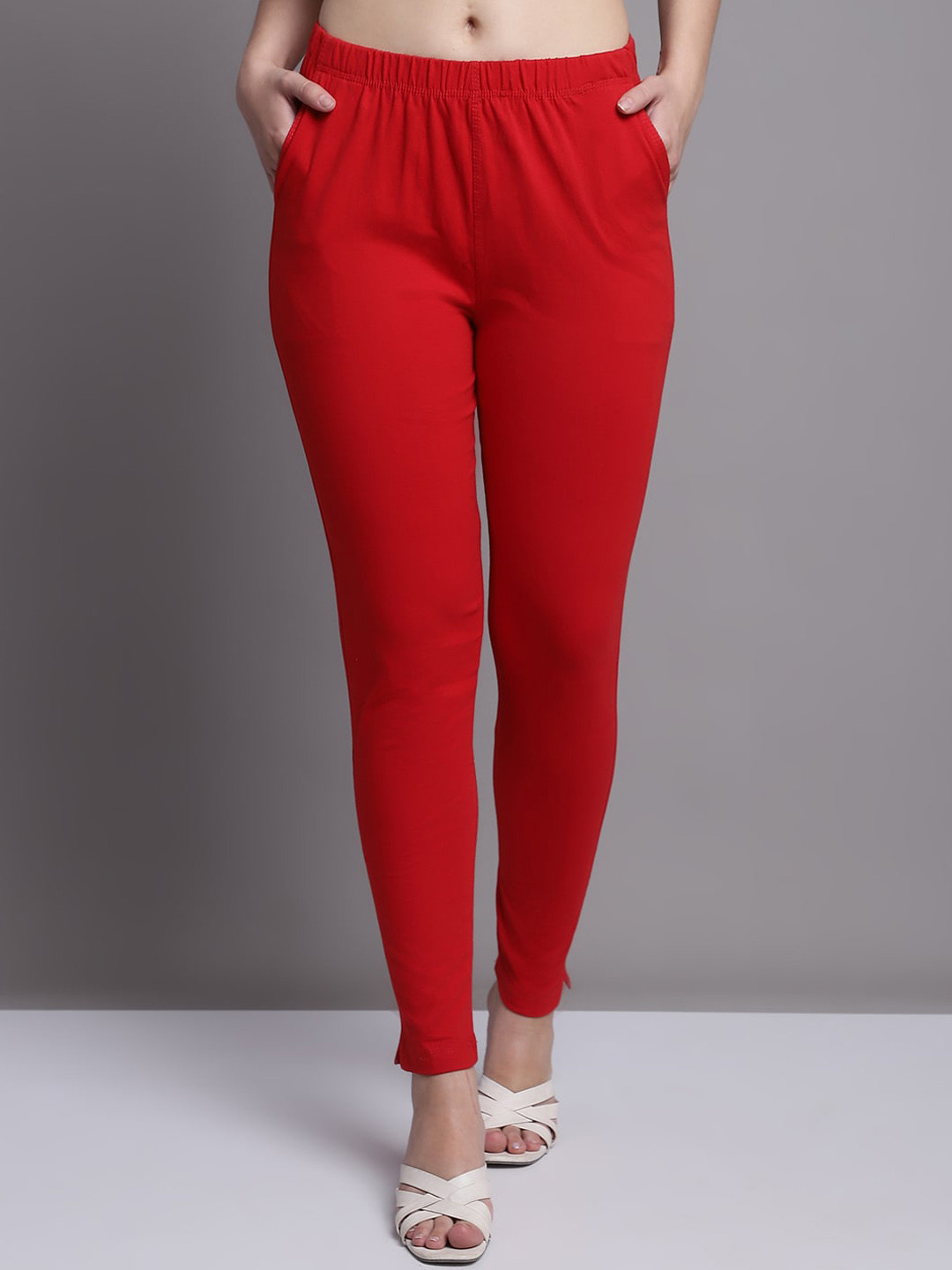 GRACIT Women Red Cotton Ankle length Legging with side pocket