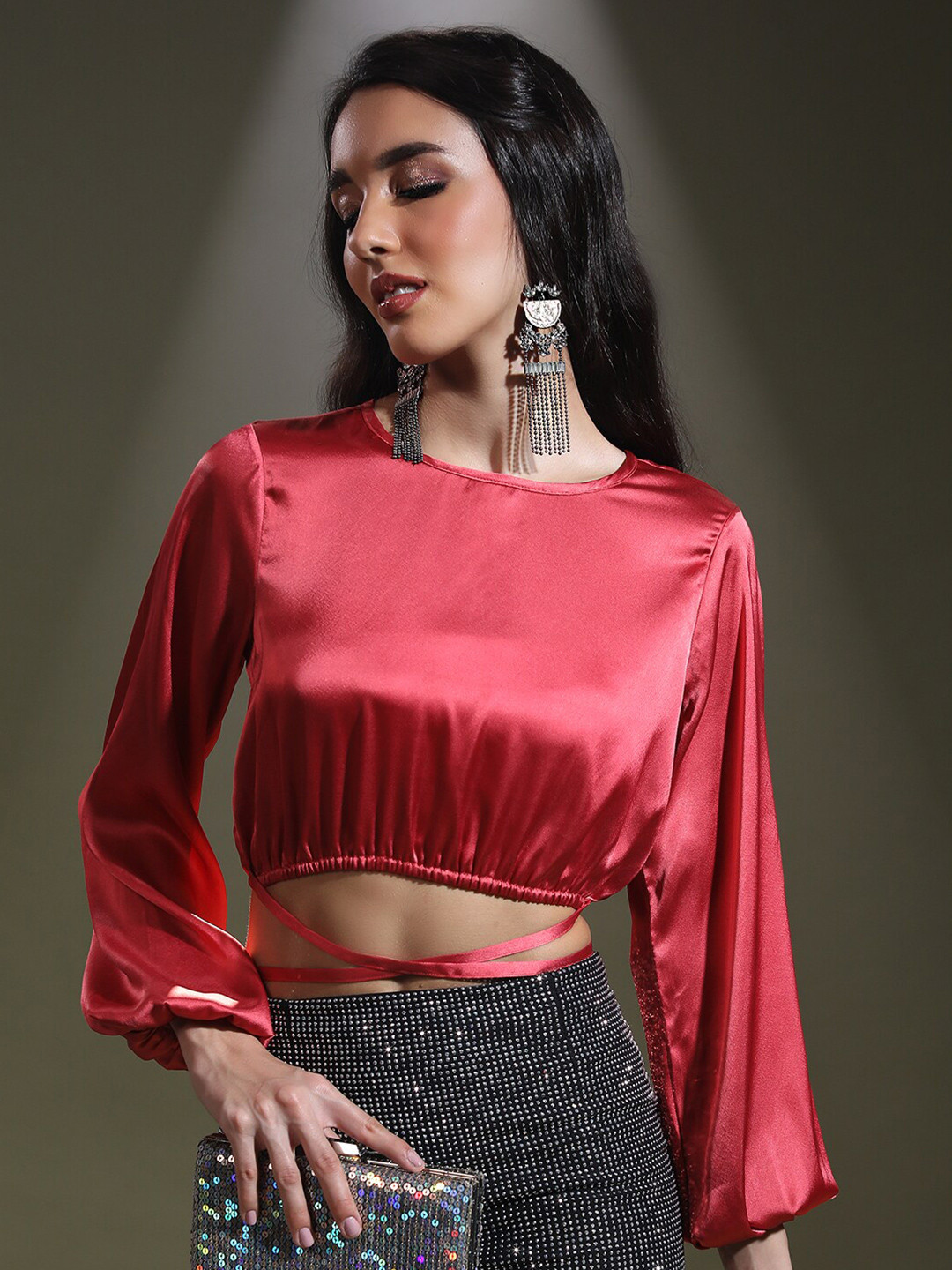 Tokyo Talkies Red Puffed Sleeves Tie Ups Crop Top