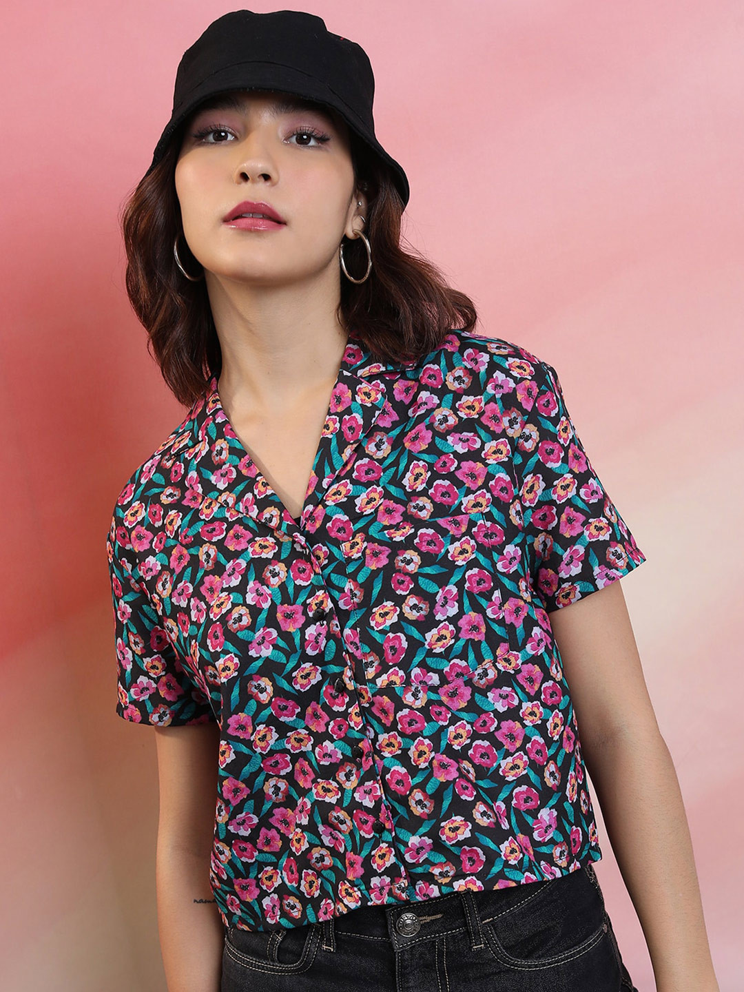 Tokyo Talkies Black And Pink Floral Printed Crop Shirt Style Top