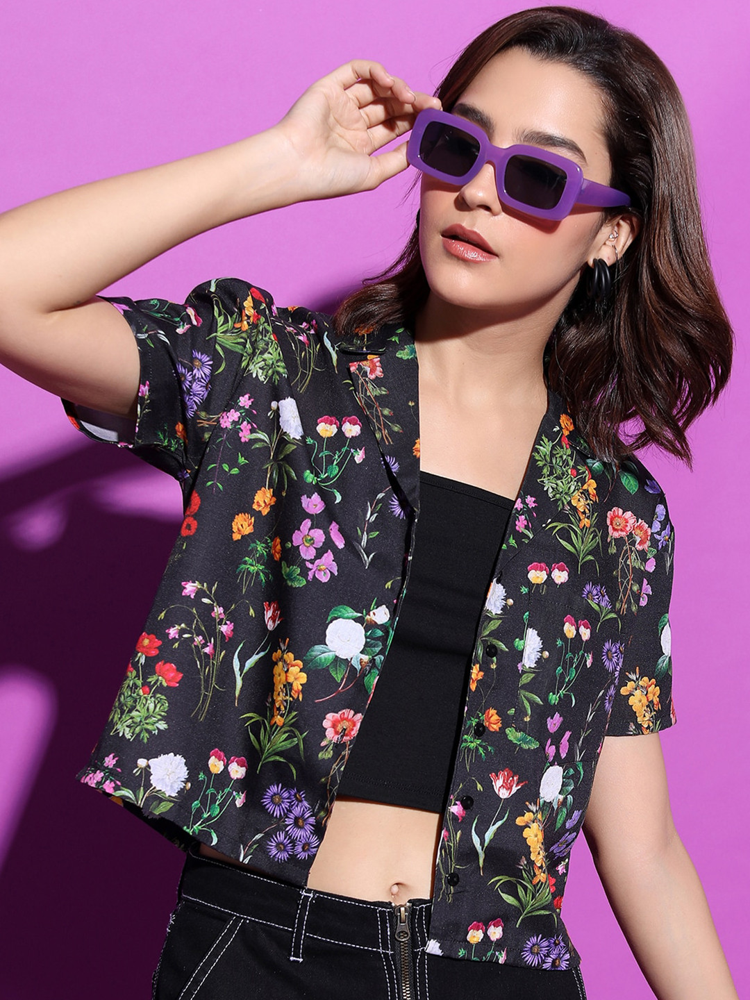 Tokyo Talkies Black And Green Floral Printed Crop Shirt Style Top