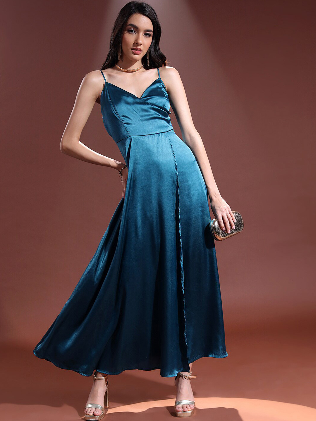 Tokyo Talkies Teal Blue Shoulder Straps Satin Fit and Flare Dress