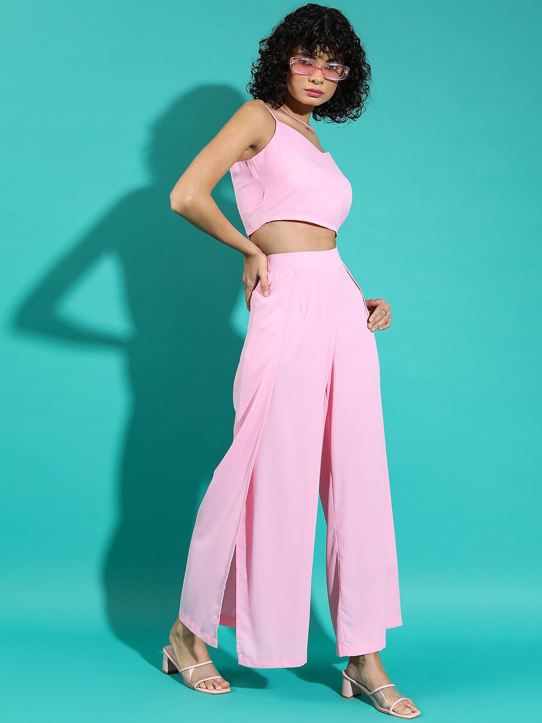 Tokyo Talkies Shoulder Straps Smocking Crop Top With Straight Trouser