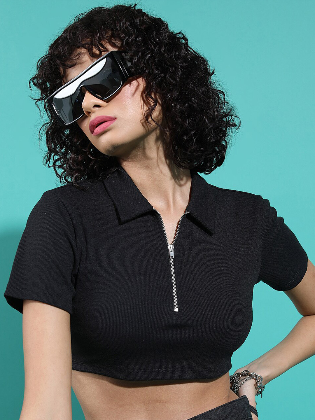 Basics By Tokyo Talkies Black Shirt Collar Shirt Style Crop Top