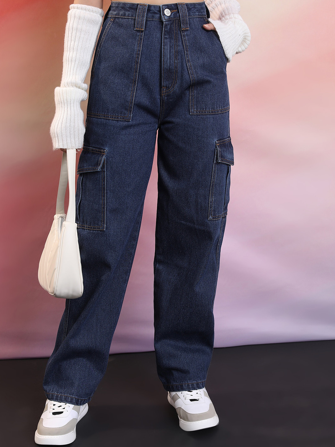 Tokyo Talkies Mid-Raise Straight Fit Clean Look Light Fade Non-Stretchable Cargo Jeans