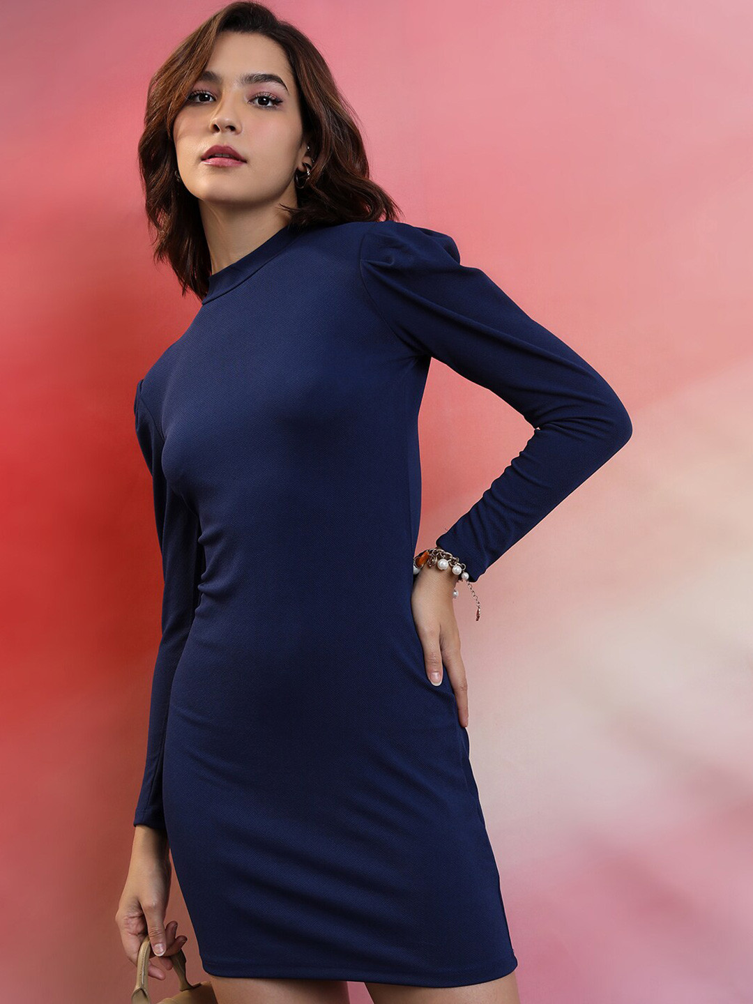 Tokyo Talkies Navy Blue High Neck Bodycon Mini Dress