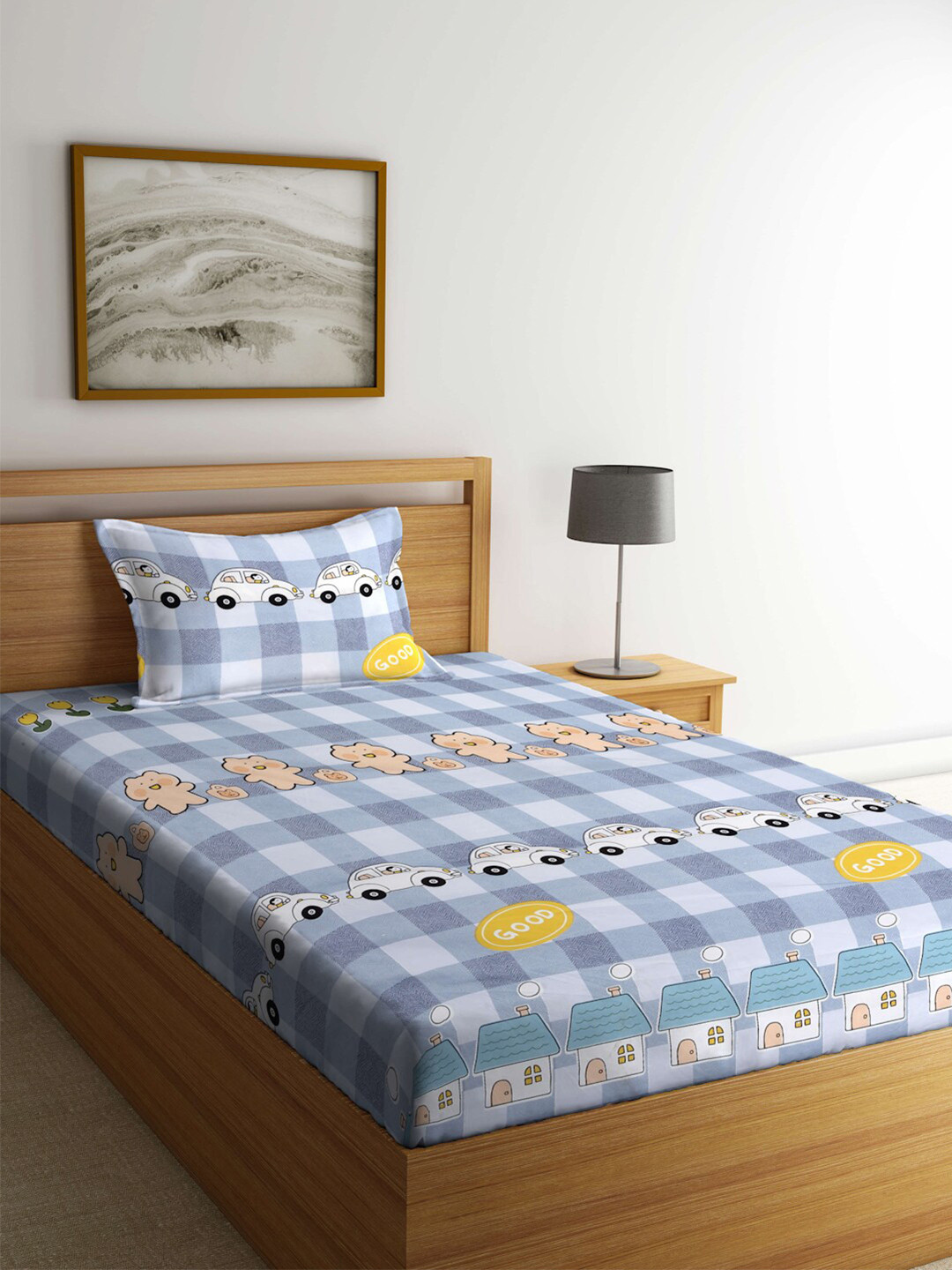 KLOTTHE Blue Animal Polycotton 300 TC Single Fine Bedsheet with a Pillow Cover-89 x 59 inches