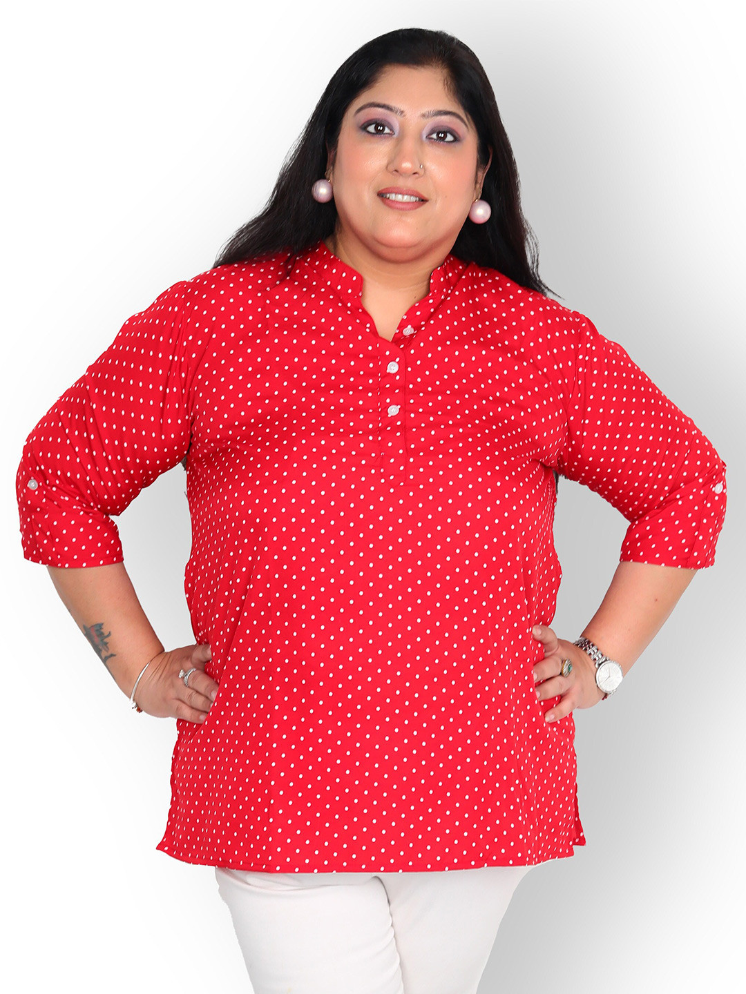Indietoga Plus Size Red Polka Dot Casual Tunic