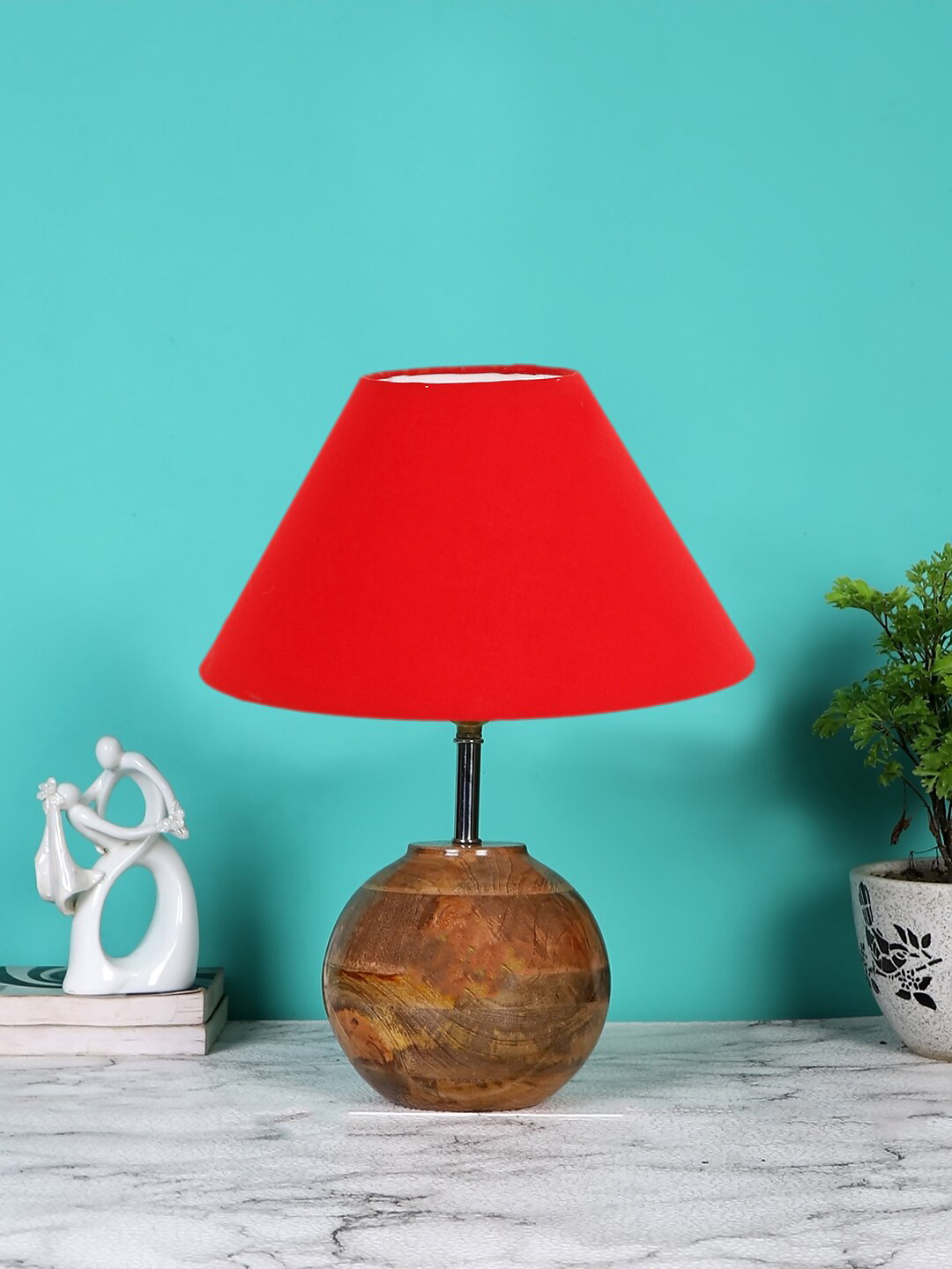 Devansh Red & Brown Wooden Table Lamp With Cotton Shade