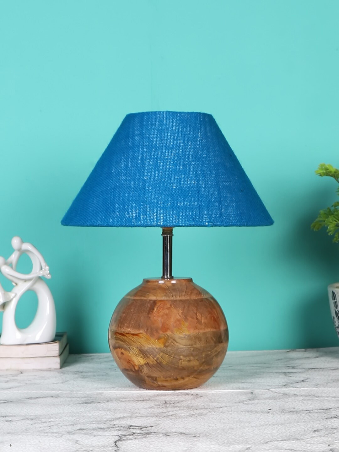 Devansh Turquoise & Brown Textured Wooden Table Lamp With Cotton Shade