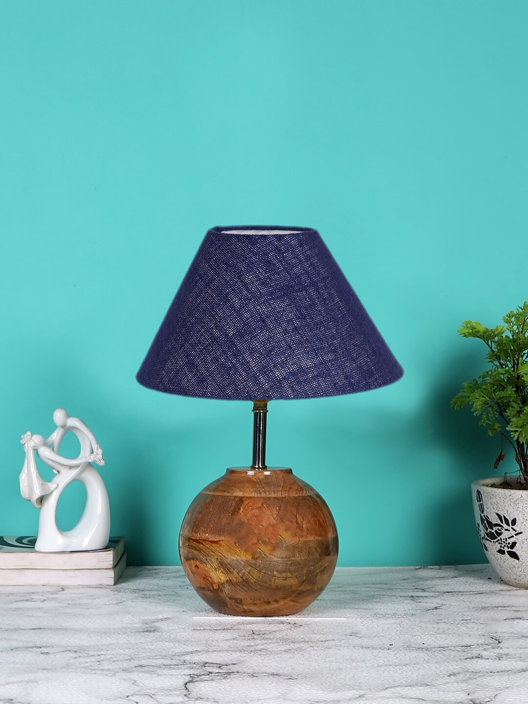 Devansh Navy Blue & Brown Textured Wooden Table Lamp With Jute Shade