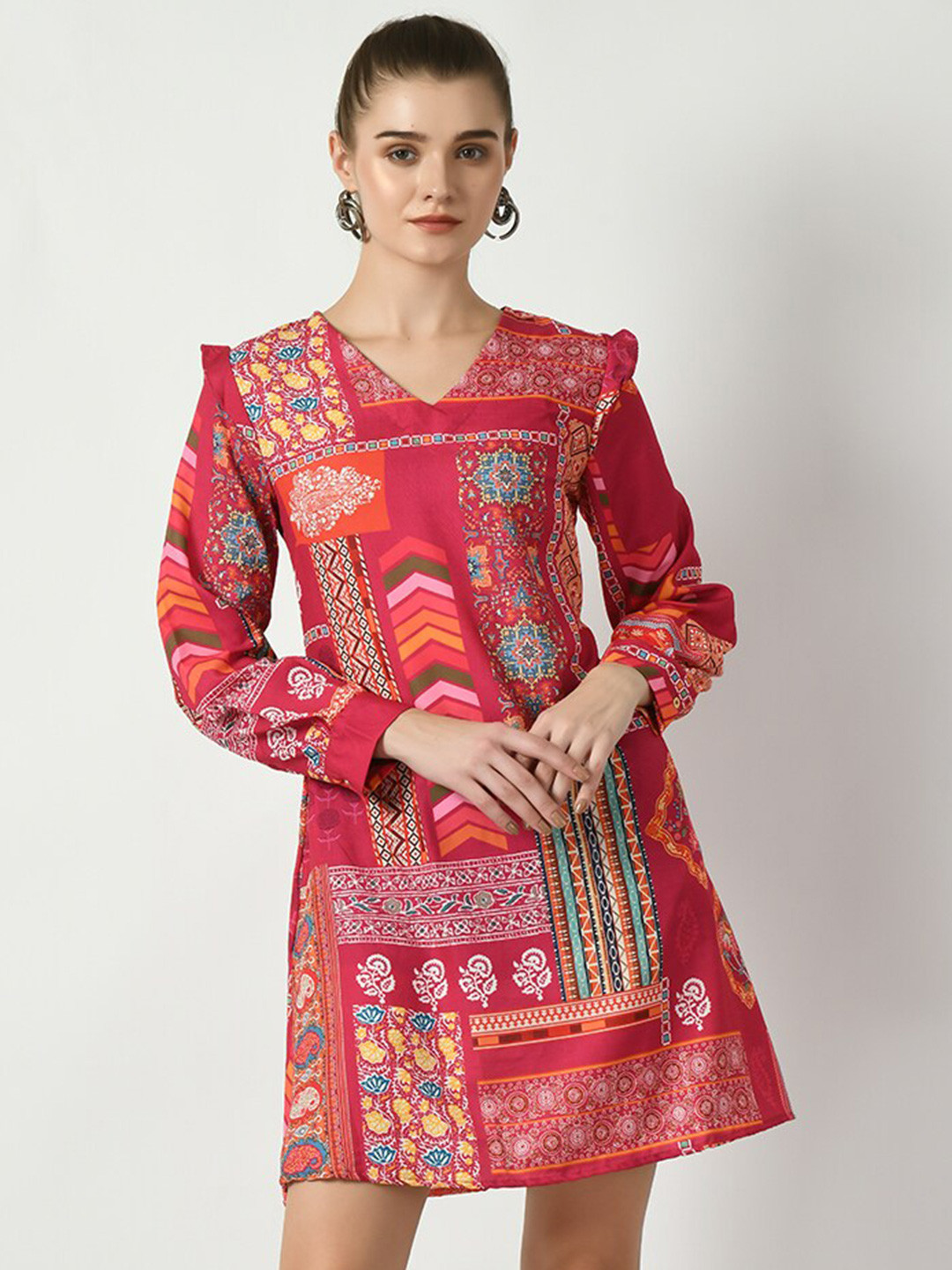DressBerry Pink And Blue Ethnic Motifs Printed Linen A-Line Mini Dress