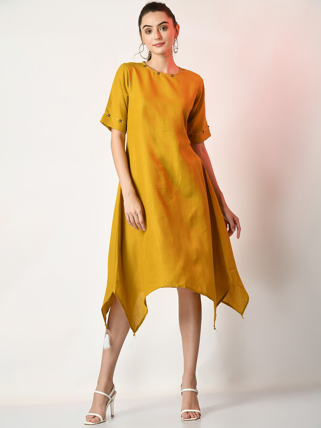 Mustard Yellow Solid A-Line Midi Dress