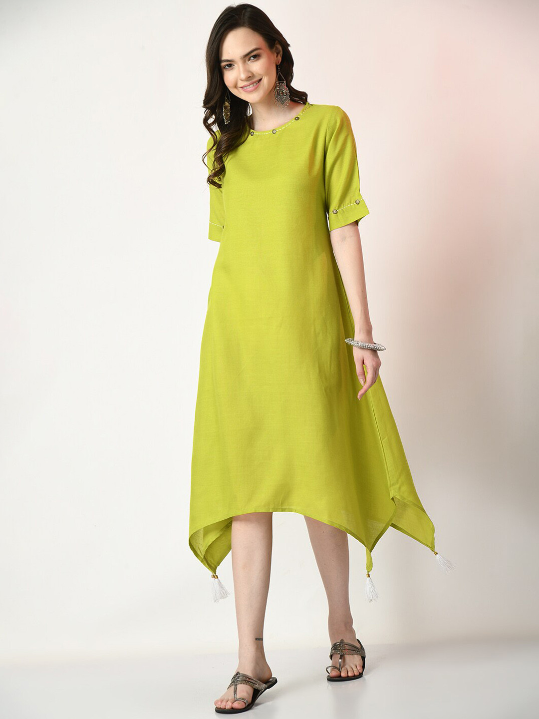 Green Solid A-Line Midi Dress with Asymmetric Hem