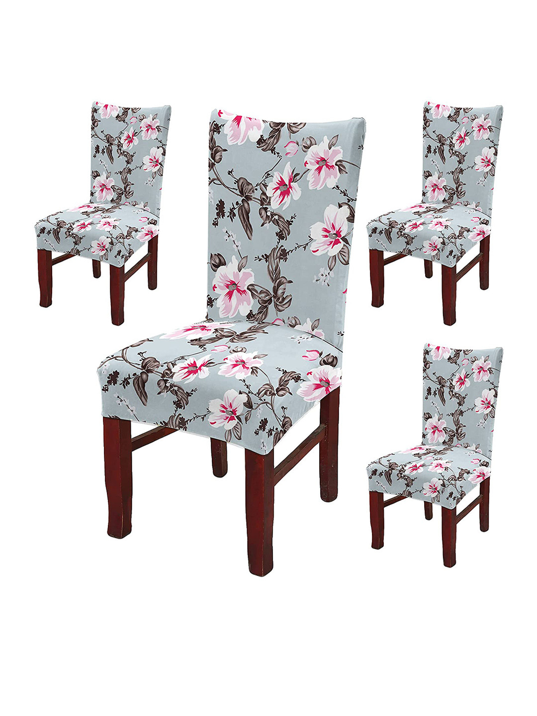 Dakshya Industries Grey & Pink 4 Pieces Floral Printed Ultra Soft Chair Covers