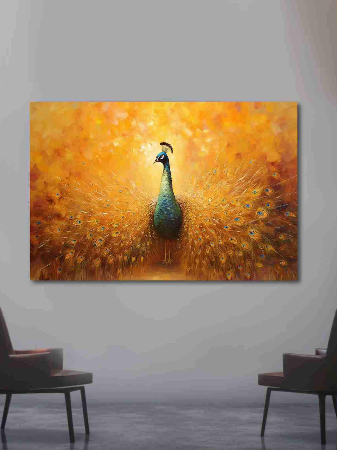 SAF Gold & Green Beautiful Peacock Printed Cotton Wall Art