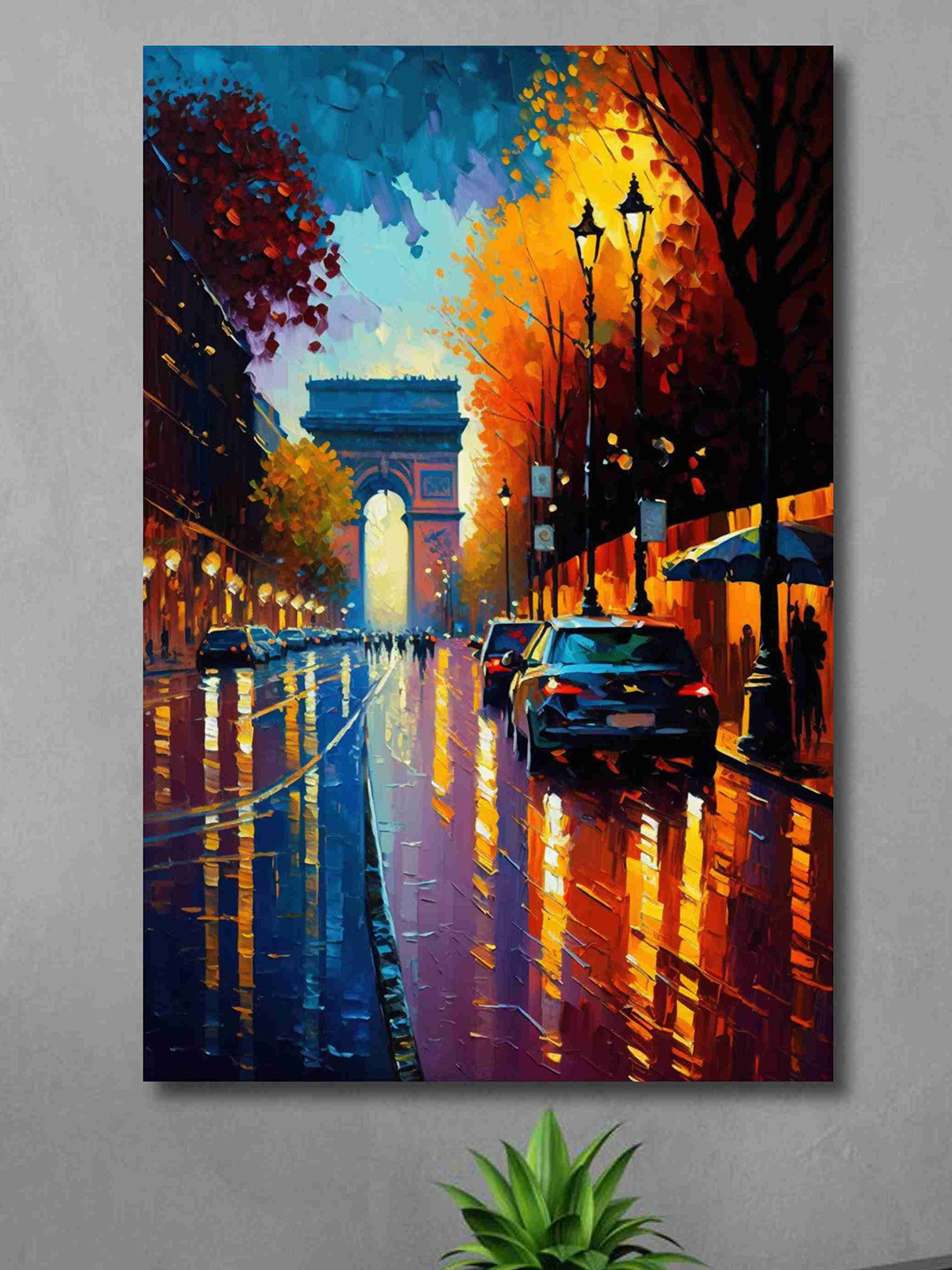 SAF 1Pc Blue & Orange Vintage City Painted Canvas Wall Art