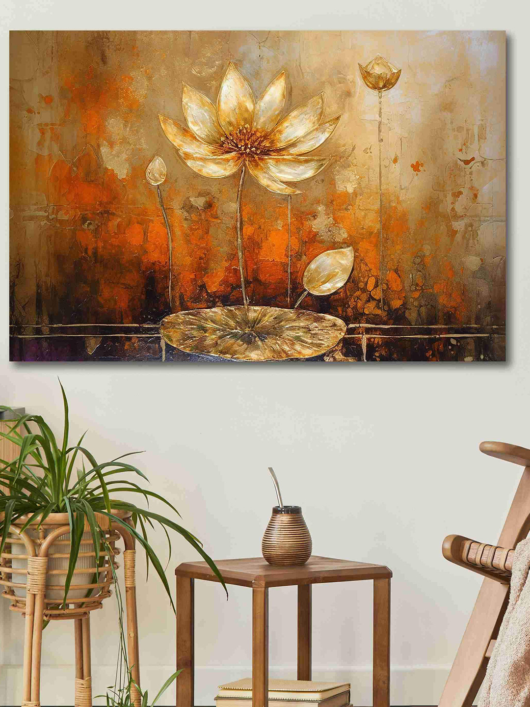 SAF Gold Toned & Orange Abstract Flower Painted Canvas Wall Art