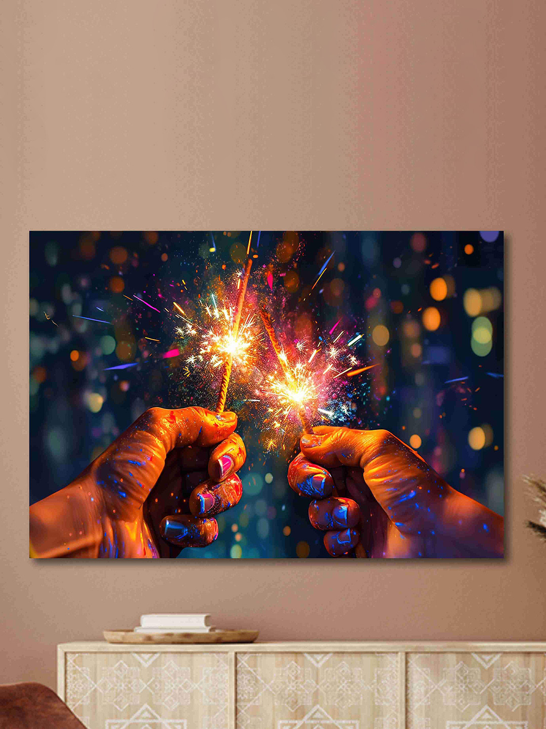 SAF Orange & Blue Diwali crackers Printed Canvas Wall Art