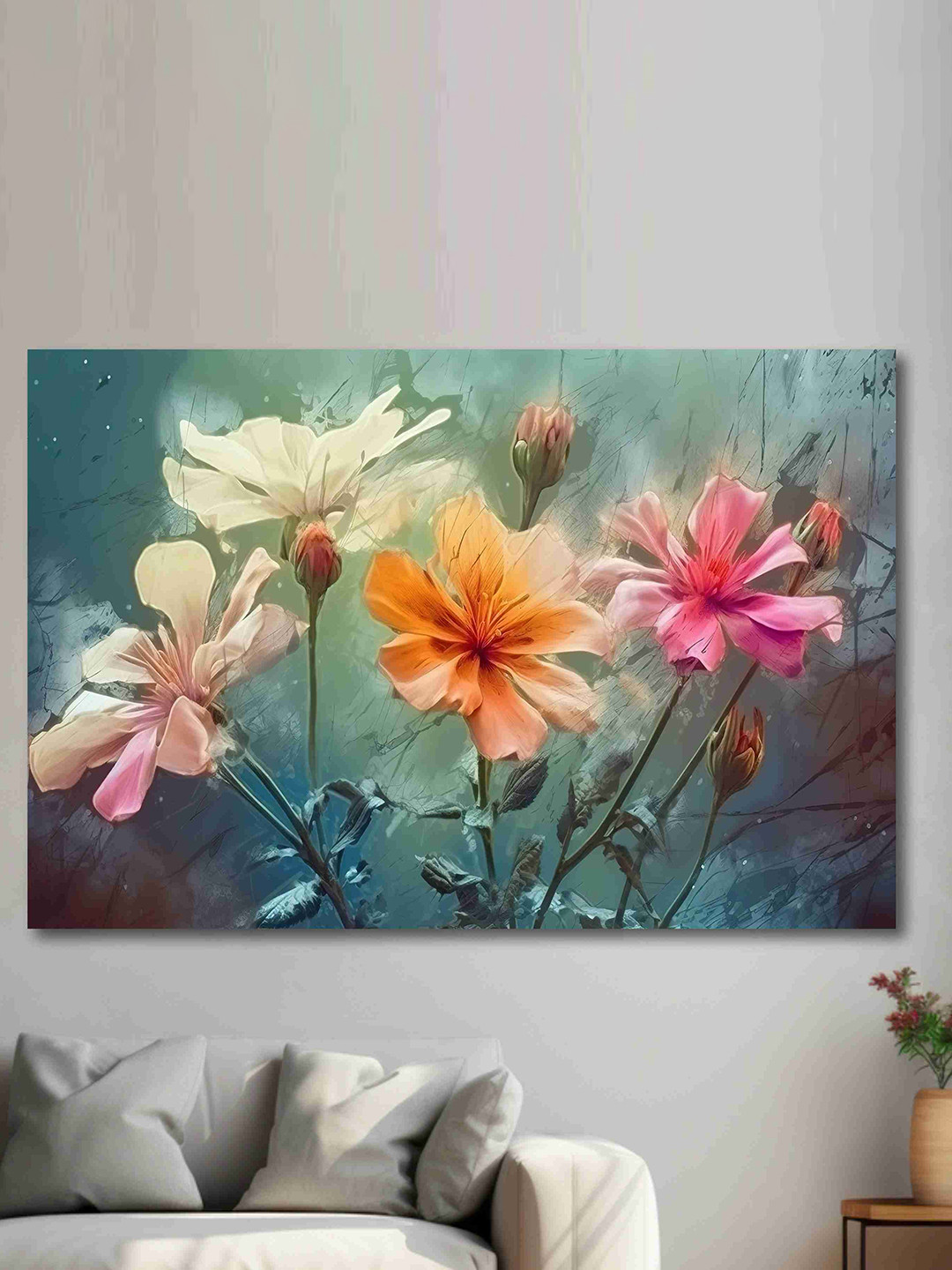 SAF Blue & Pink Floral Printed Canvas Wall Art