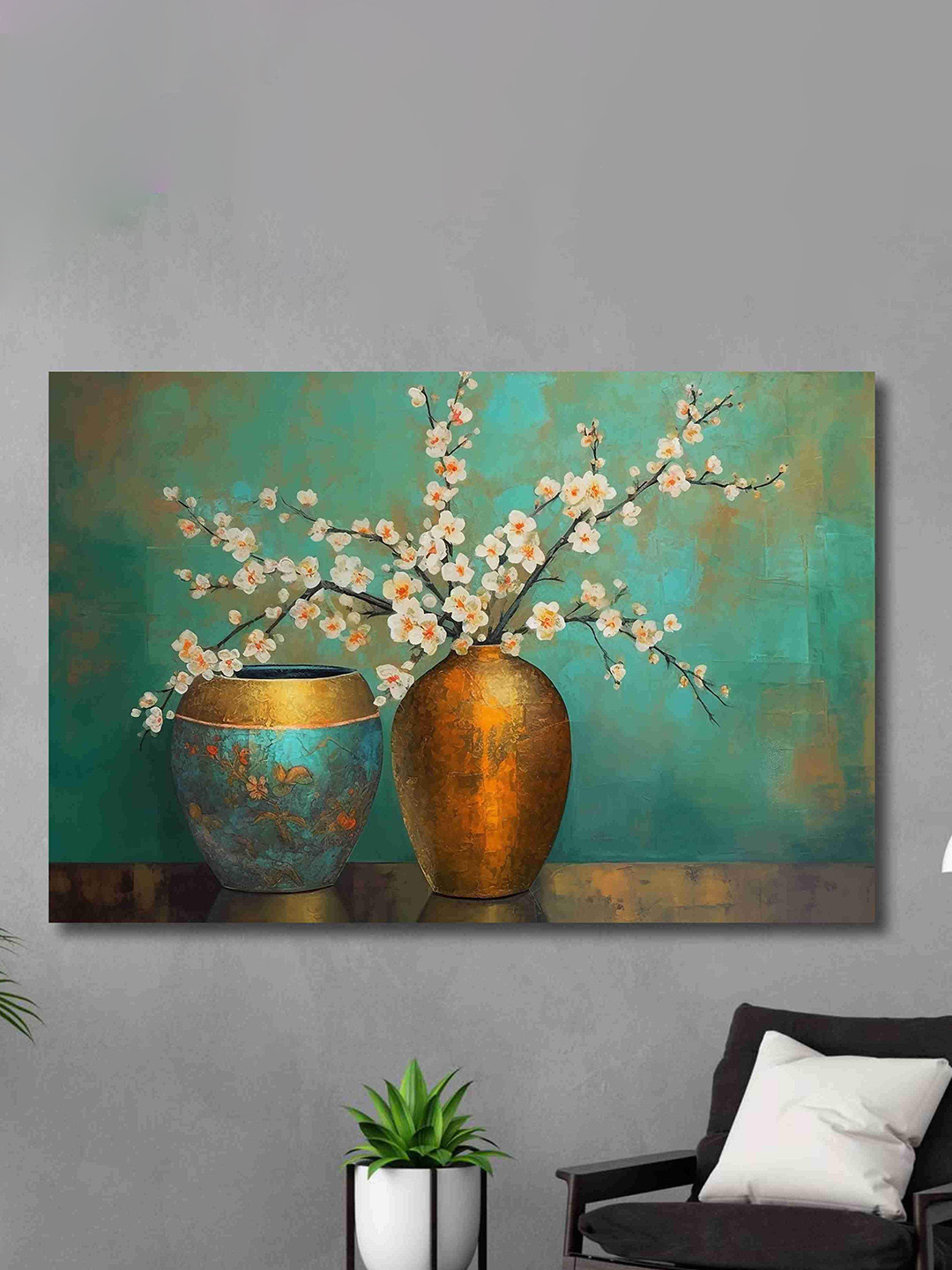 SAF Green & White Unframed Rolled Floral Theme Wall Art