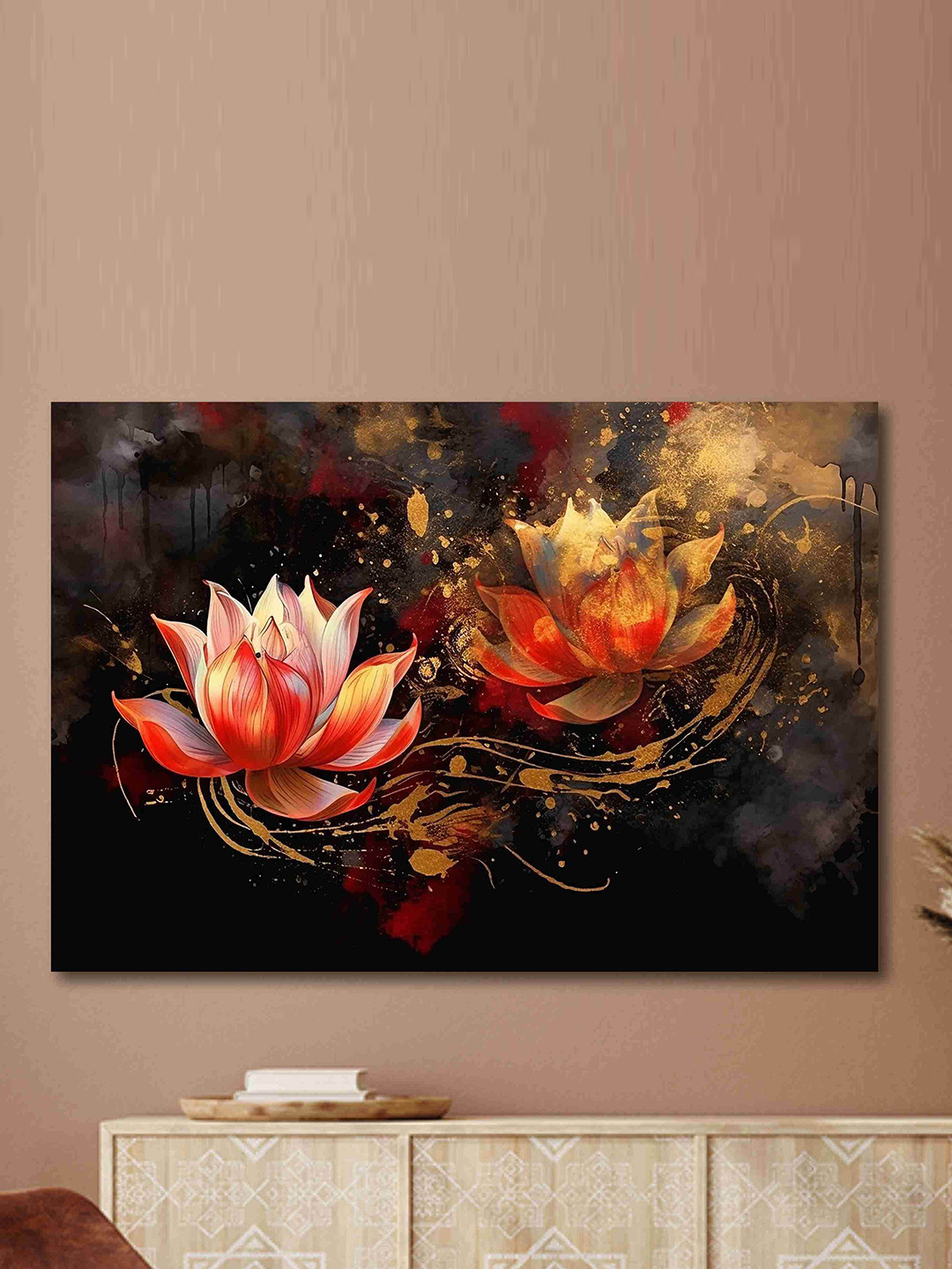 SAF Grey & Orange Abstract Flower Painted Canvas Wall Art