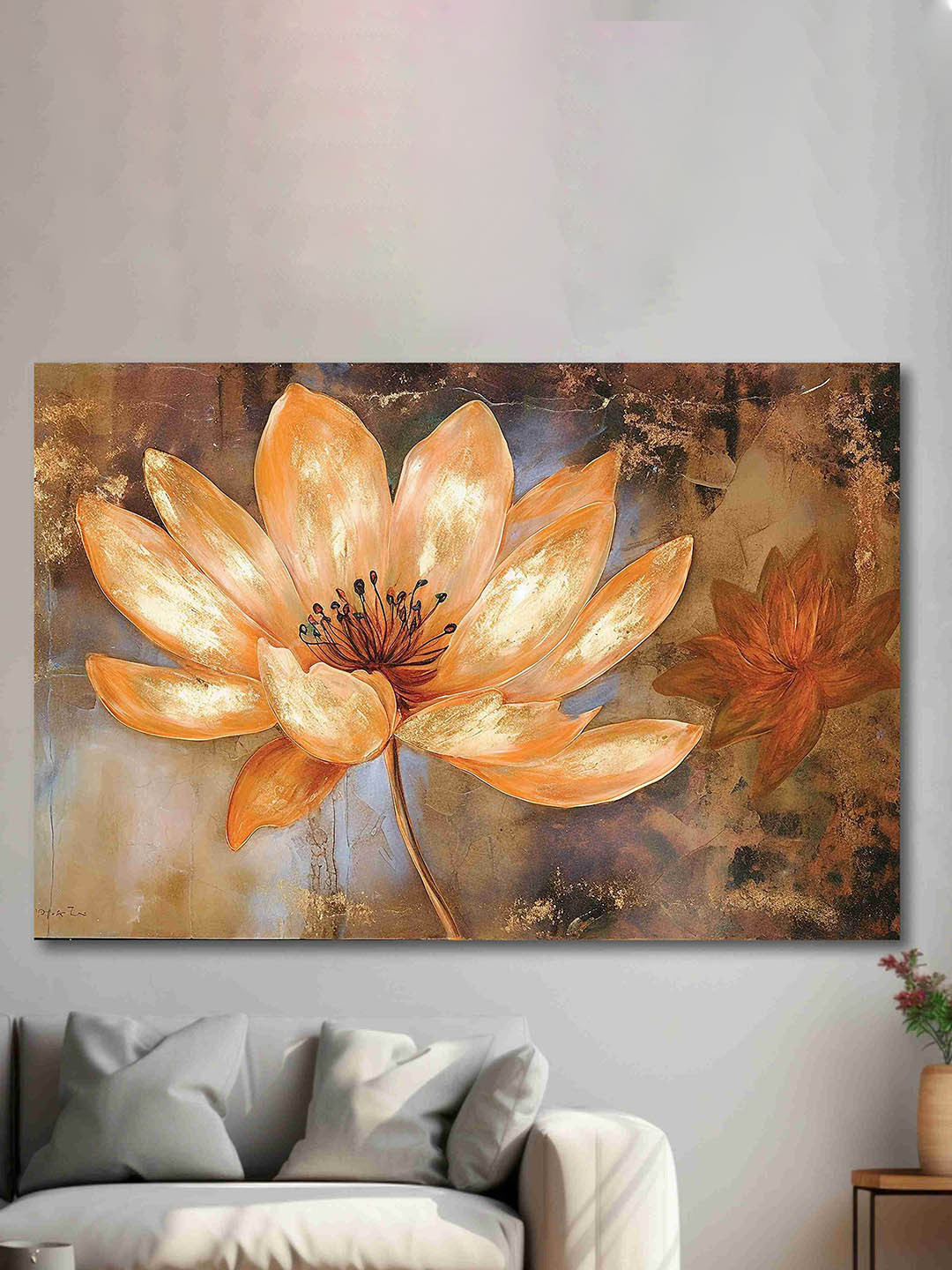 SAF Gold & Orange Abstract Flower Painted Canvas Wall Art