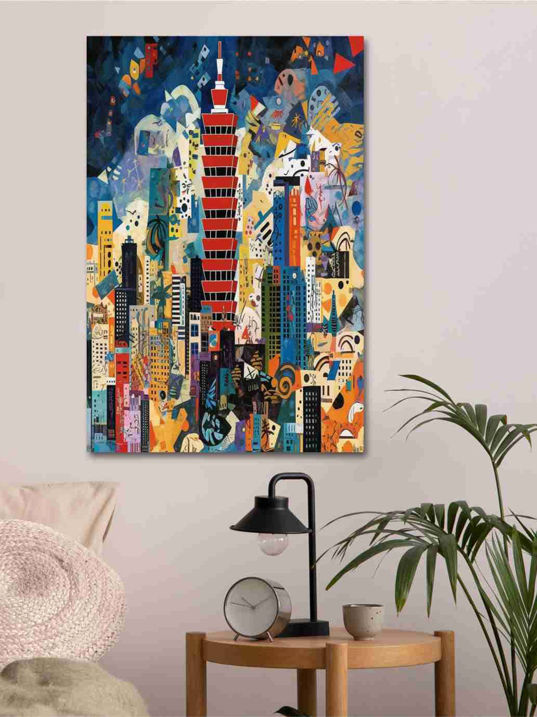 SAF Blue & Red Abstract City Printed Unframed Canvas Wall Art