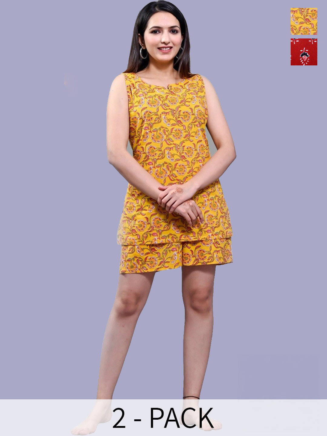 Krati Creations Ethnic Motifs Printed Sleeveless Pure Cotton Top With Shorts