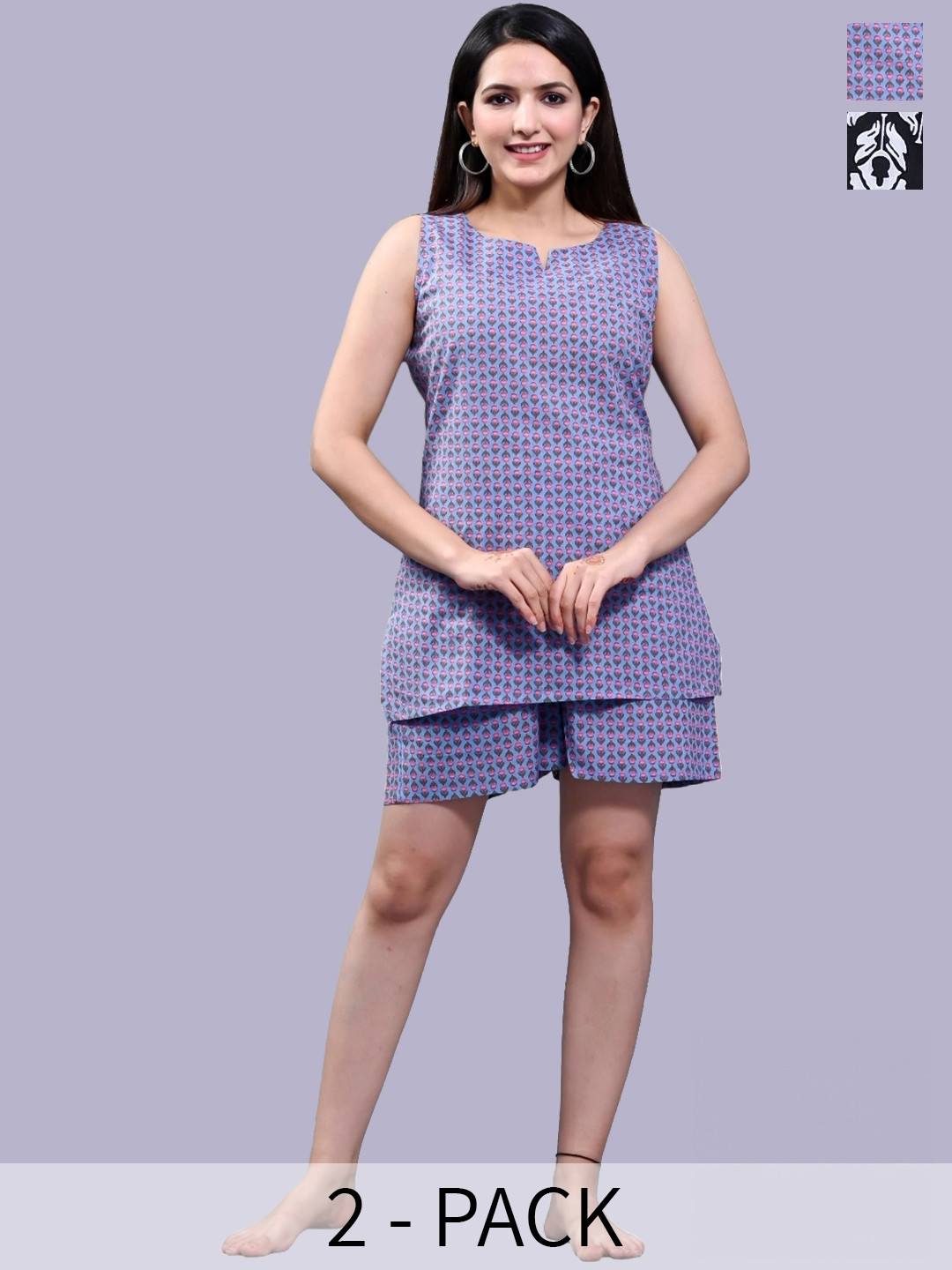 Krati Creations Ethnic Motifs Printed Sleeveless Pure Cotton Top With Shorts