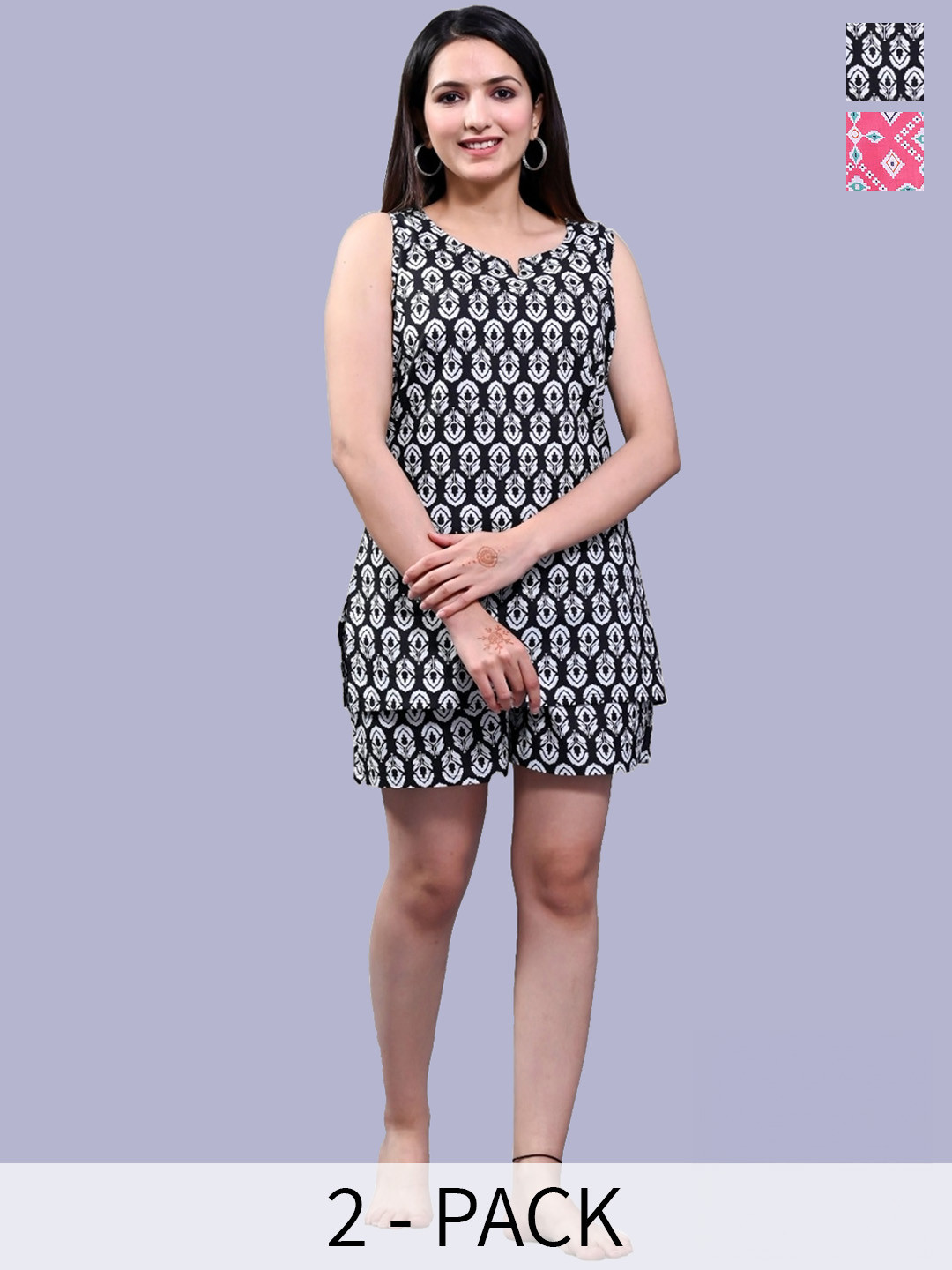 Krati Creations Pack Of 2 Floral Printed Sleeveless Pure Cotton Top With Shorts