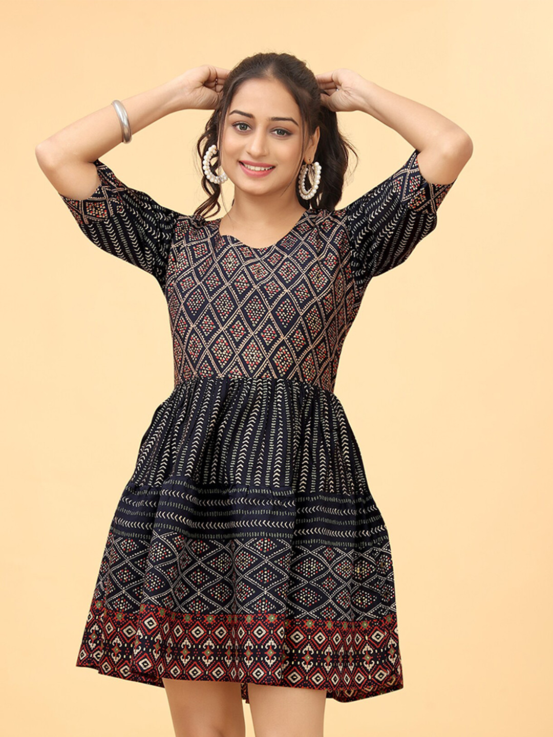 Kesudi Ethnic Motifs Printed Puff Sleeves Gathered Detail Cotton Fit & Flare Mini Dress