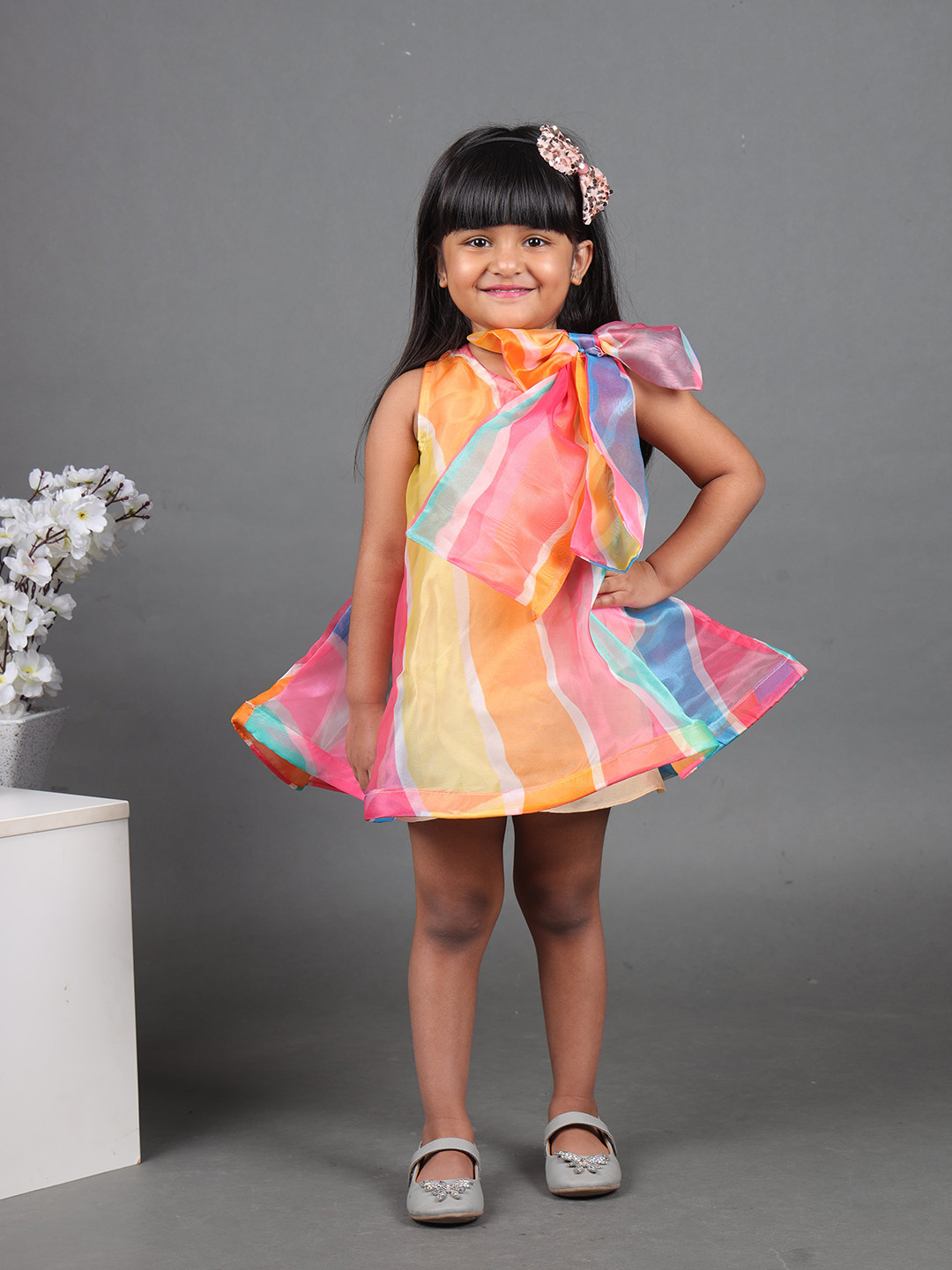 Maaikid Girls Striped A-Line Dress With A Big Bow Knot At Neckline