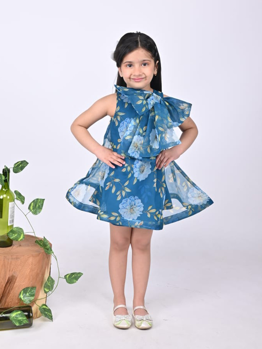 Maaikid Girls Floral Printed A-Line Dress With A Big Bow Knot At Neckline