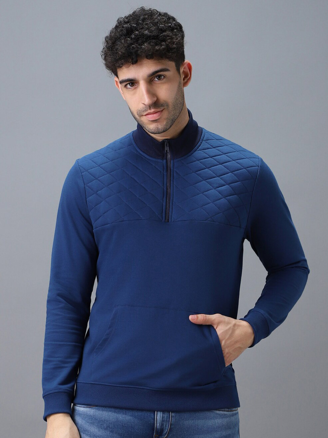 Urbano Fashion Blue Cotton Solid Zippered High Neck Collar Sweatshirt
