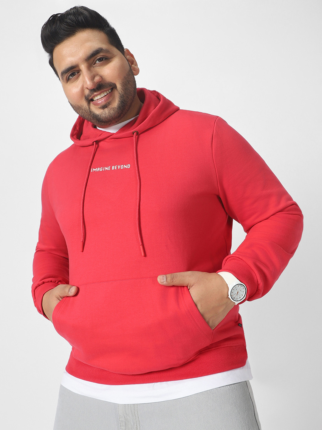 Urbano Plus Men Solid Hooded Sweatshirt With Minimal Typography Print