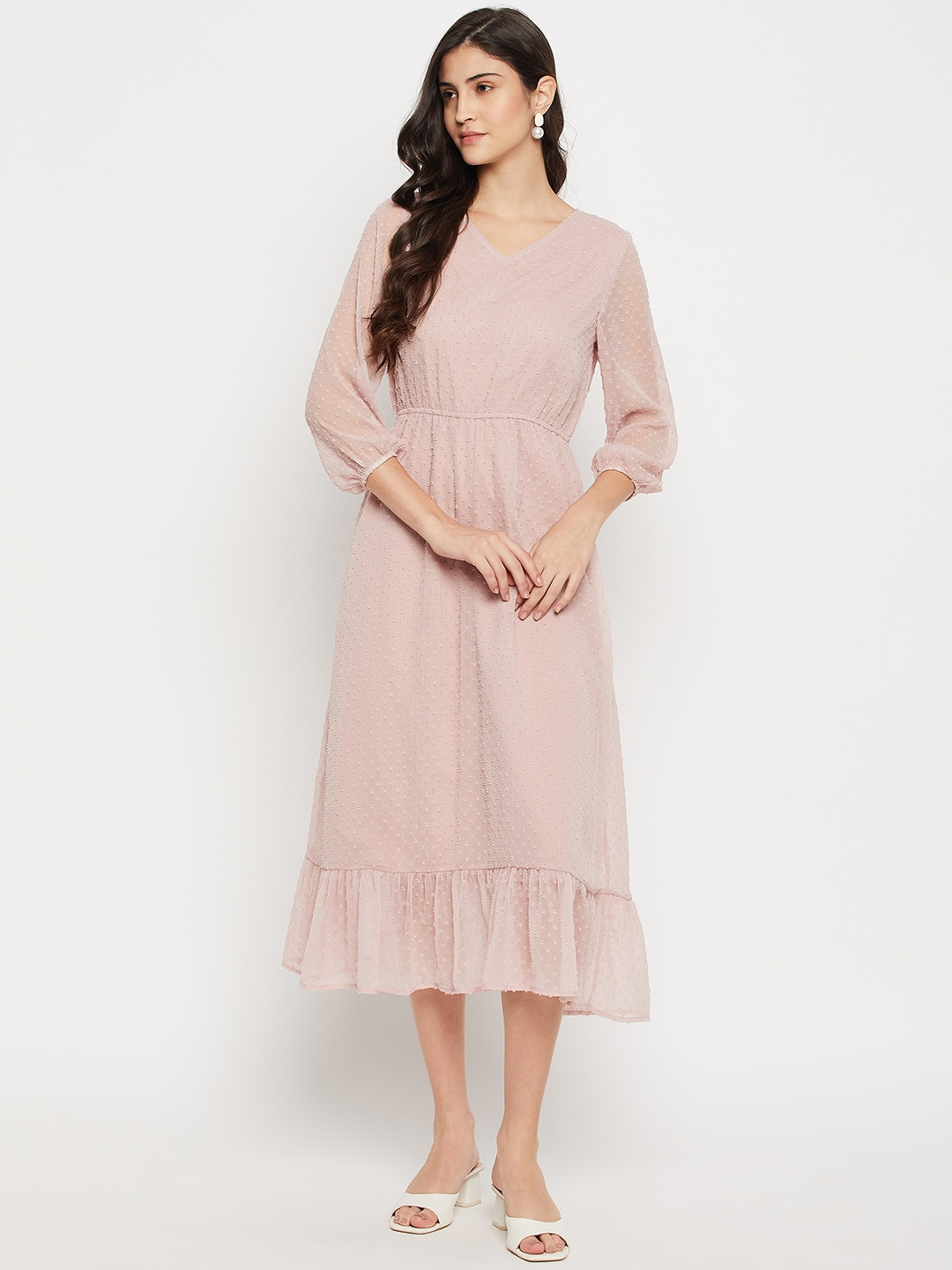 STYLE BLUSH Self Design V-Neck Gathered Detailed Dobby Fit & Flare Midi Dress