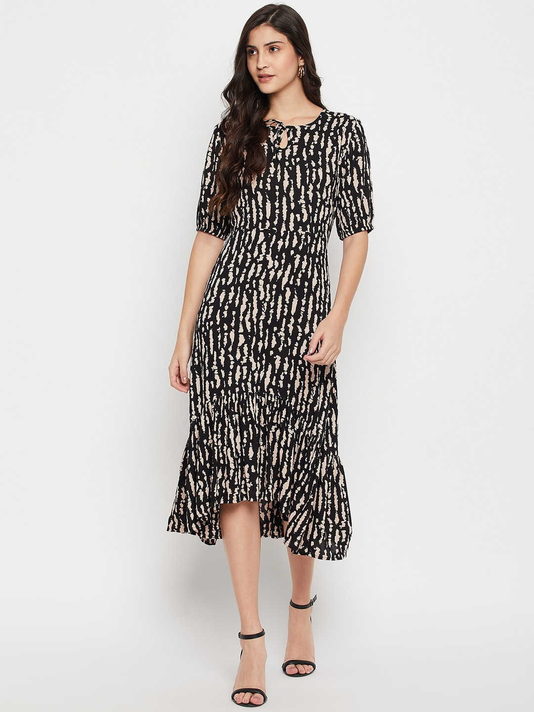 STYLE BLUSH Printed Tie-Up Neck A-Line Midi Dress