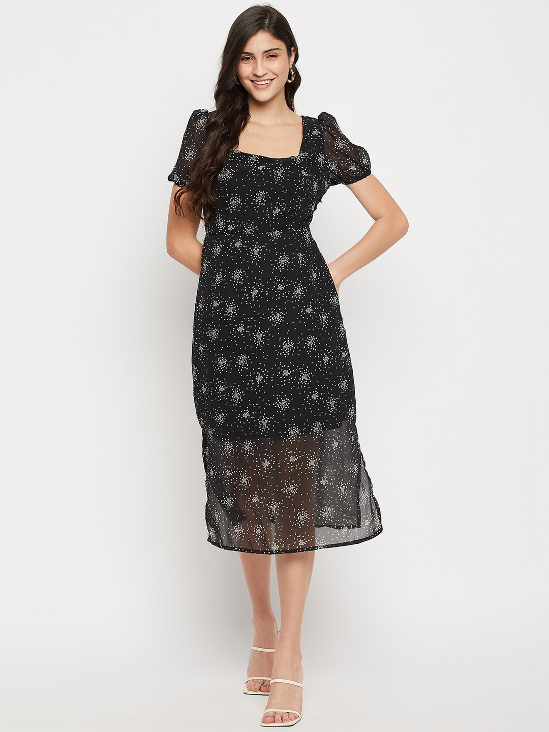 STYLE BLUSH Printed Puff Sleeve Georgette Fit & Flare Midi Dress