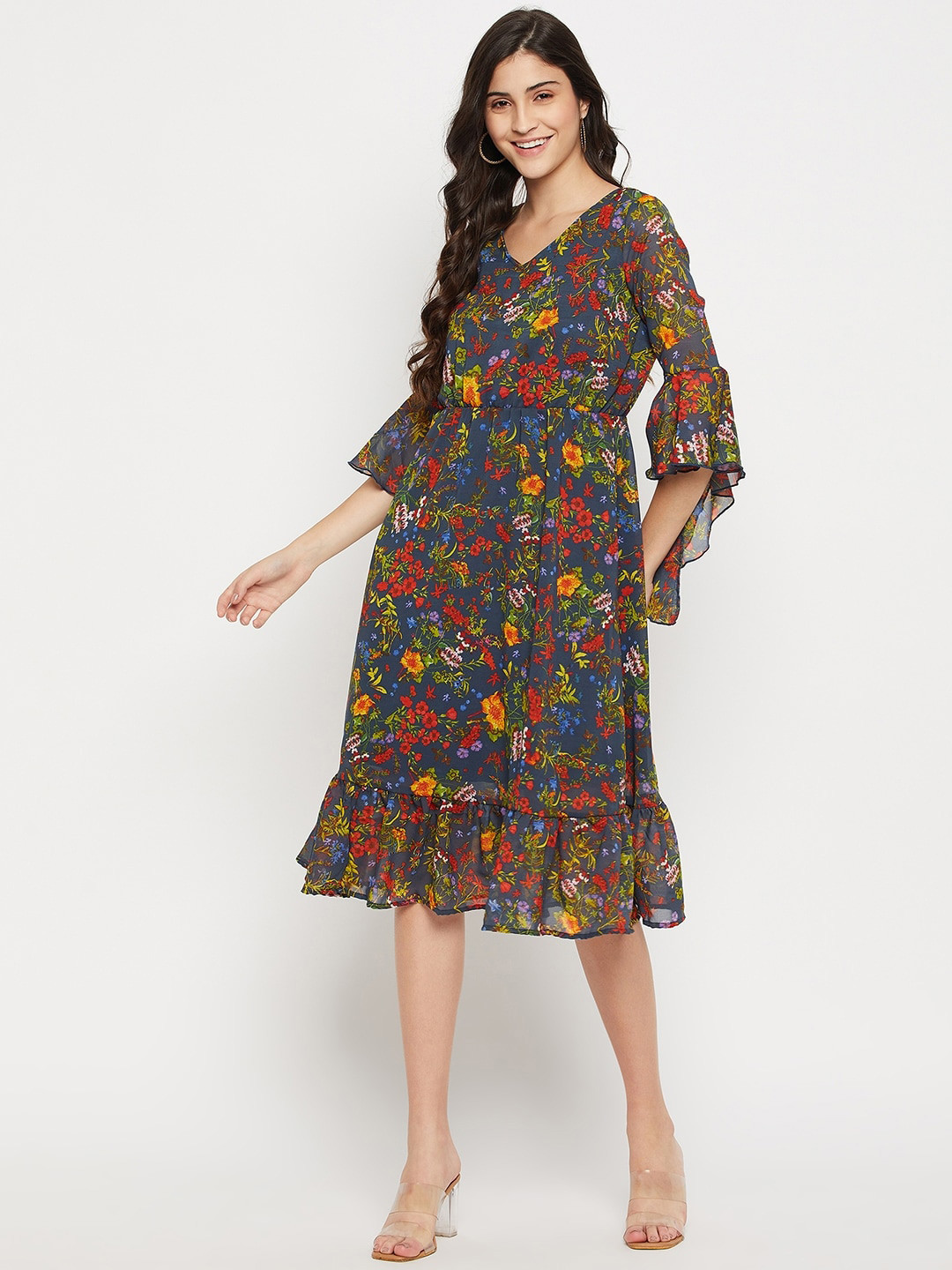 STYLE BLUSH Floral Printed V-Neck Bell Sleeves Ruffles A-Line Dress