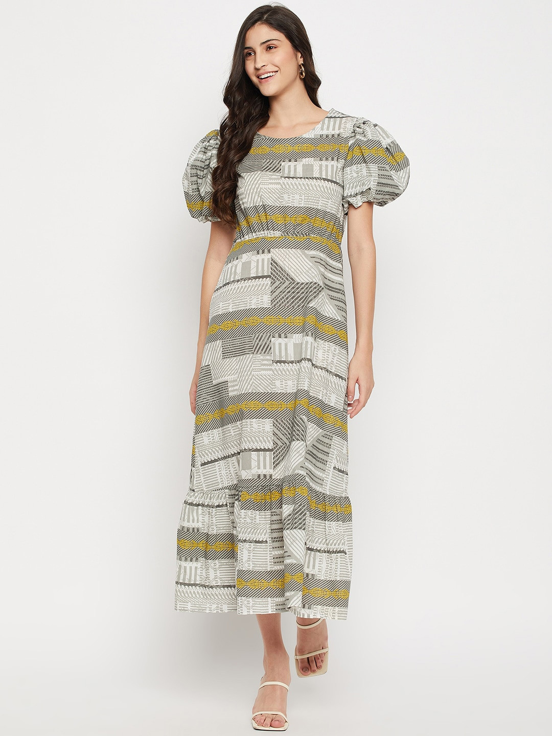 STYLE BLUSH Print Puff Sleeve A-Line Midi Dress