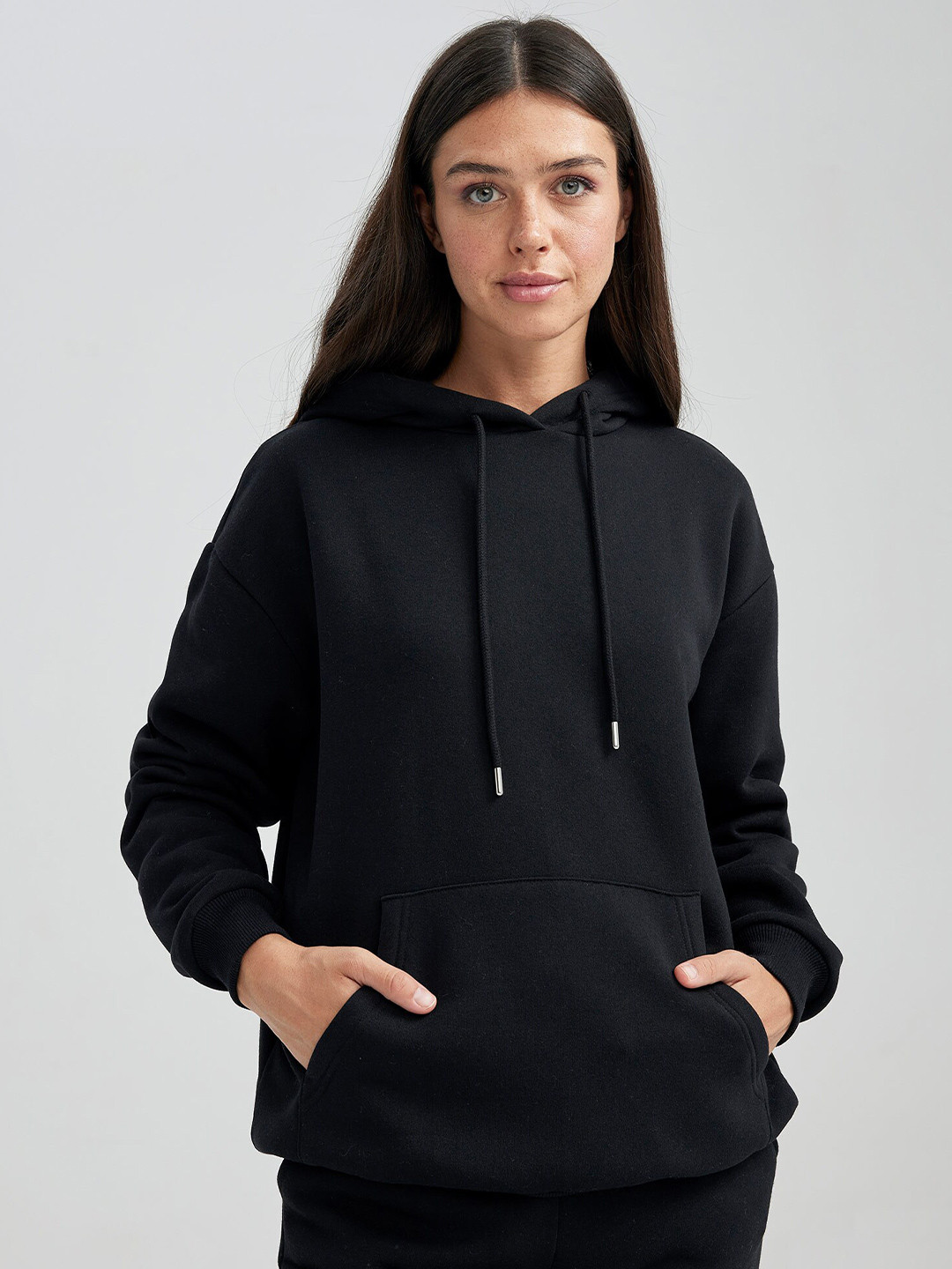 DeFacto Kangaroo Pockets Ribbed Hooded Pullover