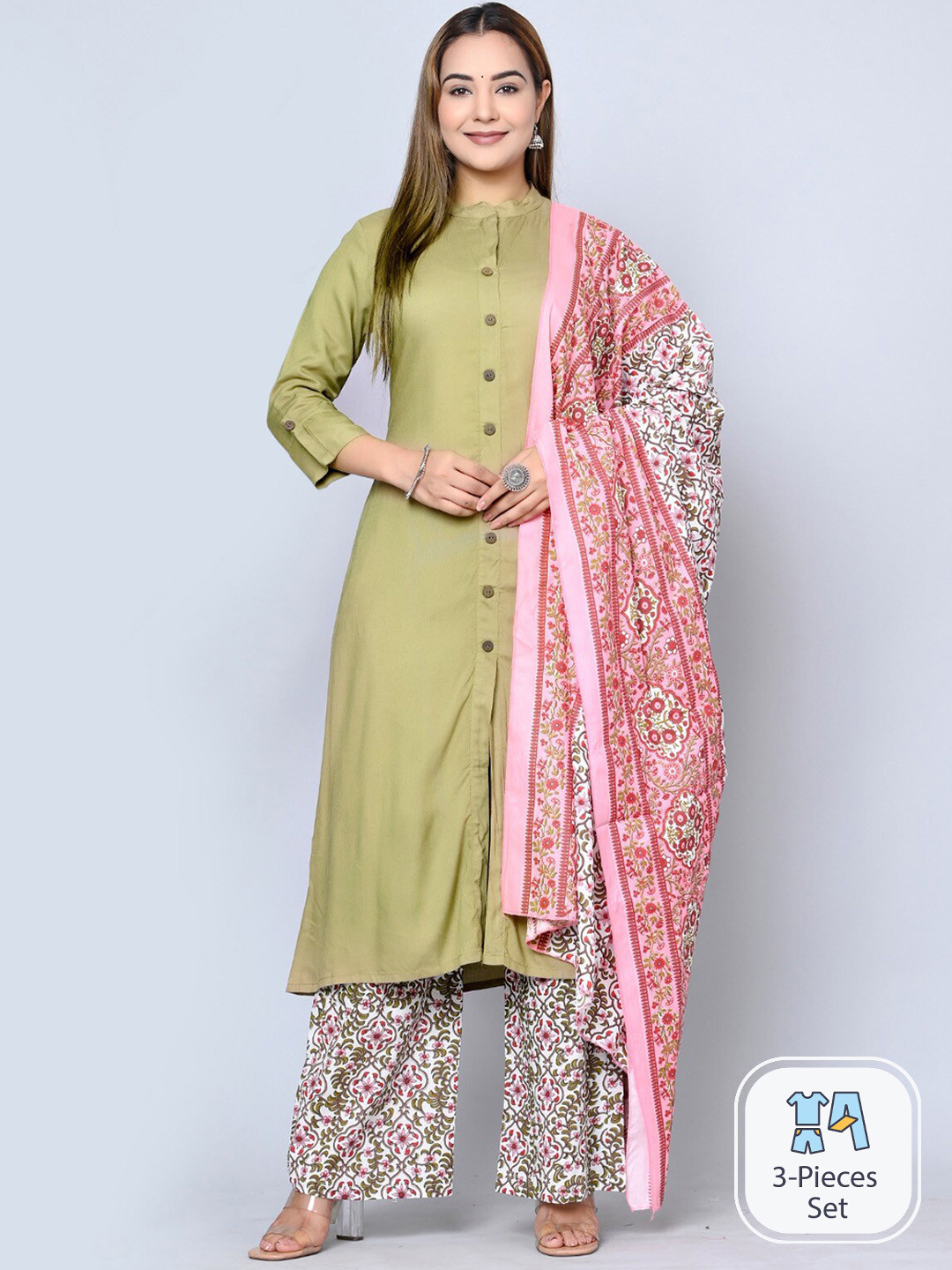 MAUKA Mandarin Collar Kurta with Palazzos & Dupatta
