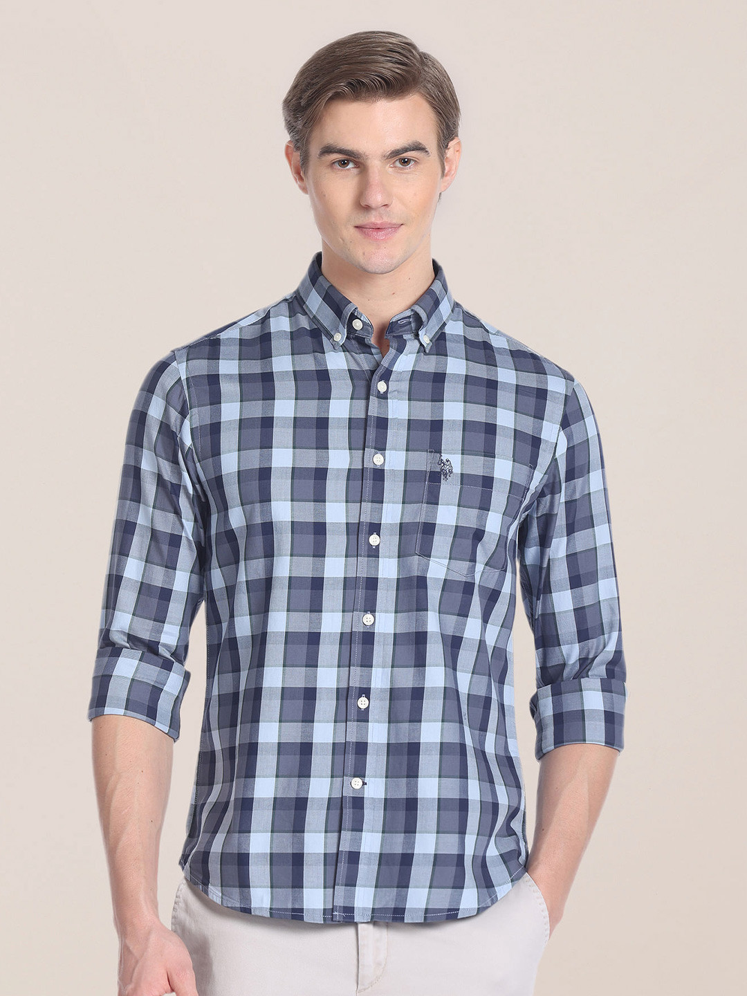 U.S. Polo Assn. Men Checked Button-Down Collar Pure Cotton Casual Shirt