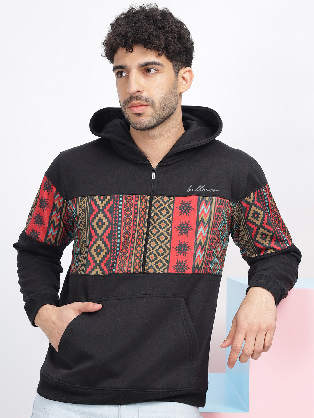 BULLMER Geometric Printed Hooded Fleece Sweatshirt