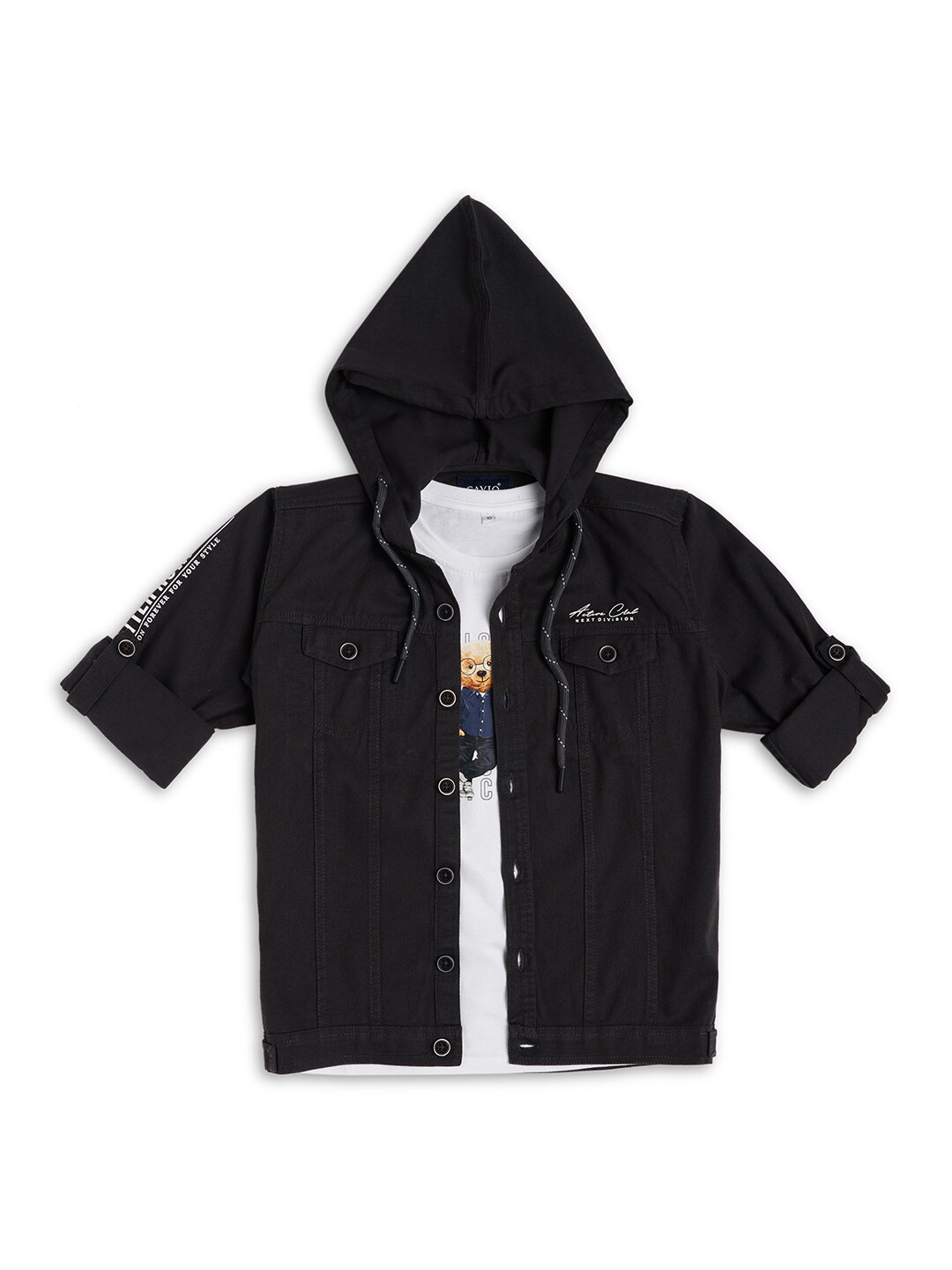 CAVIO Boys Comfort Typography Printed Pure Cotton Hooded Shacket With T-Shirt