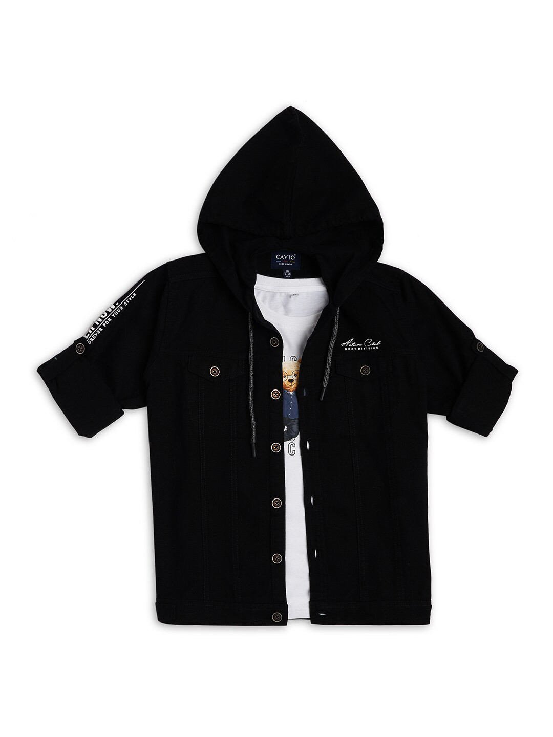 CAVIO Boys Typography Printed Hooded Shacket With T-Shirt