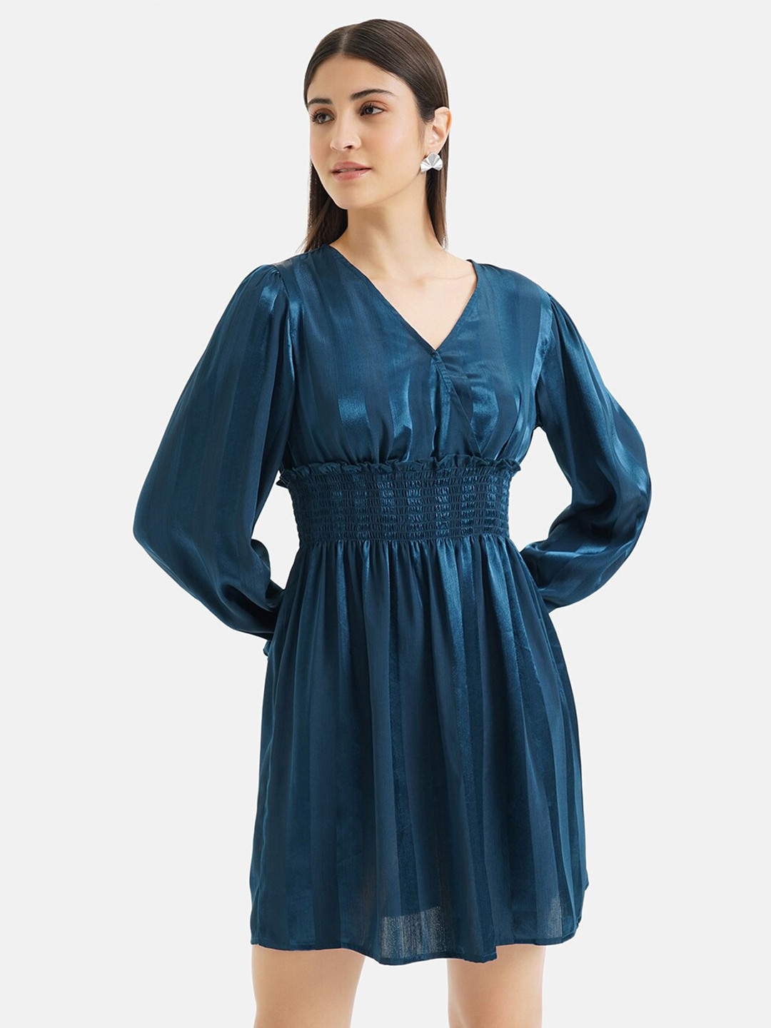 Kazo Blue Striped V-Neck Puff Sleeves Smocked Fit & Flare Mini Dress