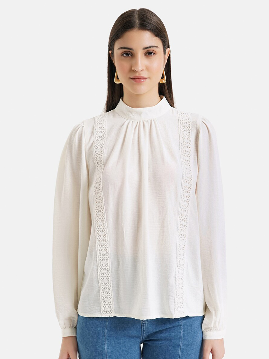 Kazo High Neck Cuffed Sleeves Gathered Lace Inserts Top