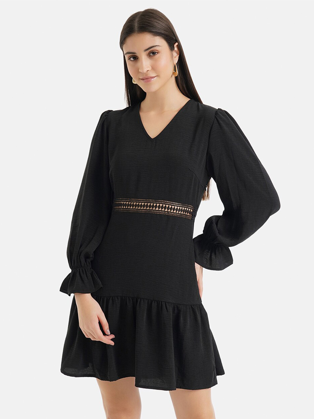 Kazo Lace Black Bell Sleeves Tiered A-Line Mini Dress